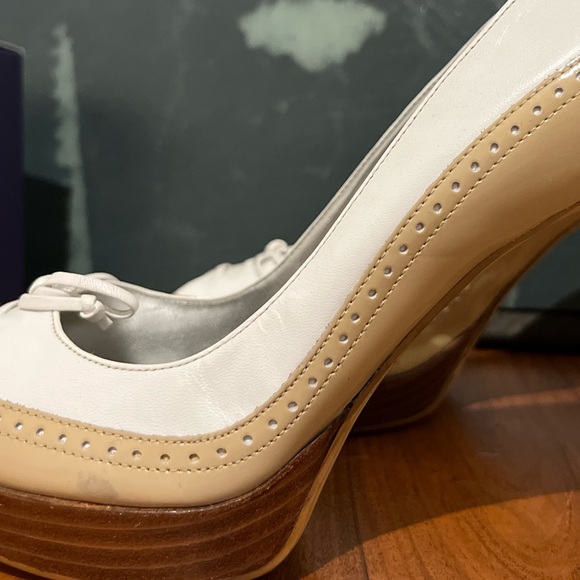 Marc Fisher Peep Toe Oxford Pump in Tan and White - Picture 2 of 5